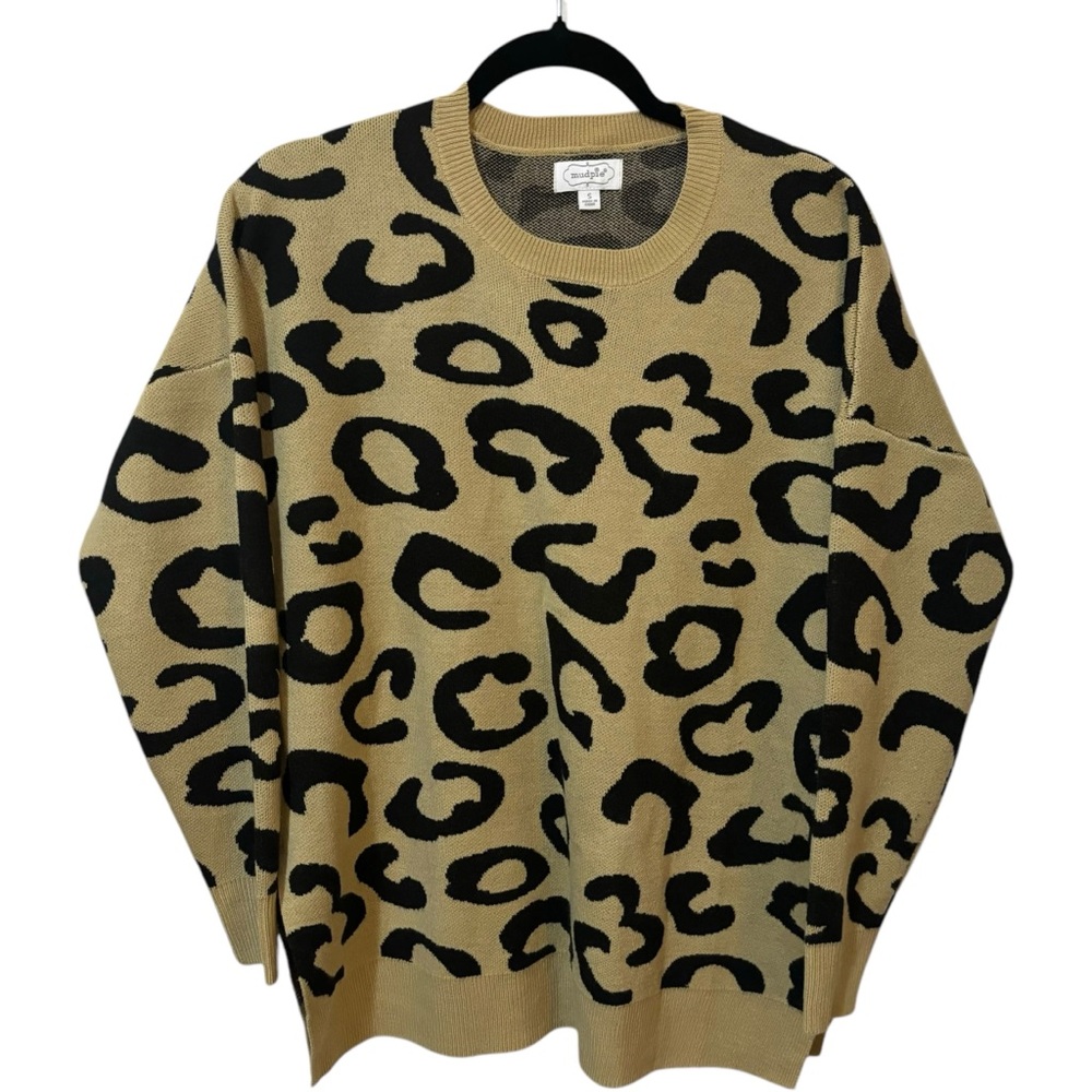 Mud Pie Women's Small Baye Leopard Oversized Boxy Tunic Sweater Tan‎ Black